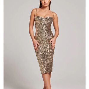 NADINE MERABI Gold Sequin Sweetheart Midi Dress